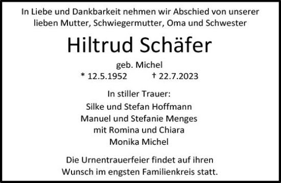 Traueranzeige von Hiltrud Schäfer von Darmstädter Echo