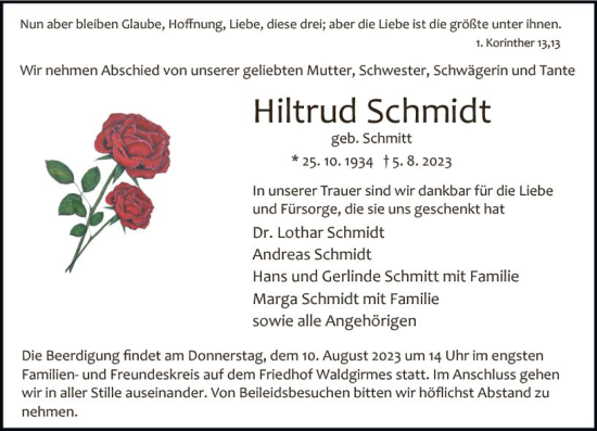 Traueranzeige von Hiltrud Schmidt von Wetzlarer Neue Zeitung