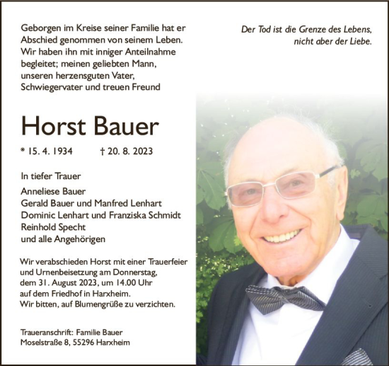 Traueranzeige von Horst Bauer von Allgemeine Zeitung Mainz