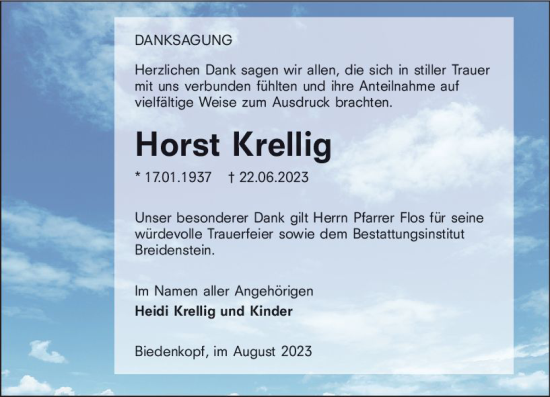 Traueranzeige von Horst Krellig von Hinterländer Anzeiger