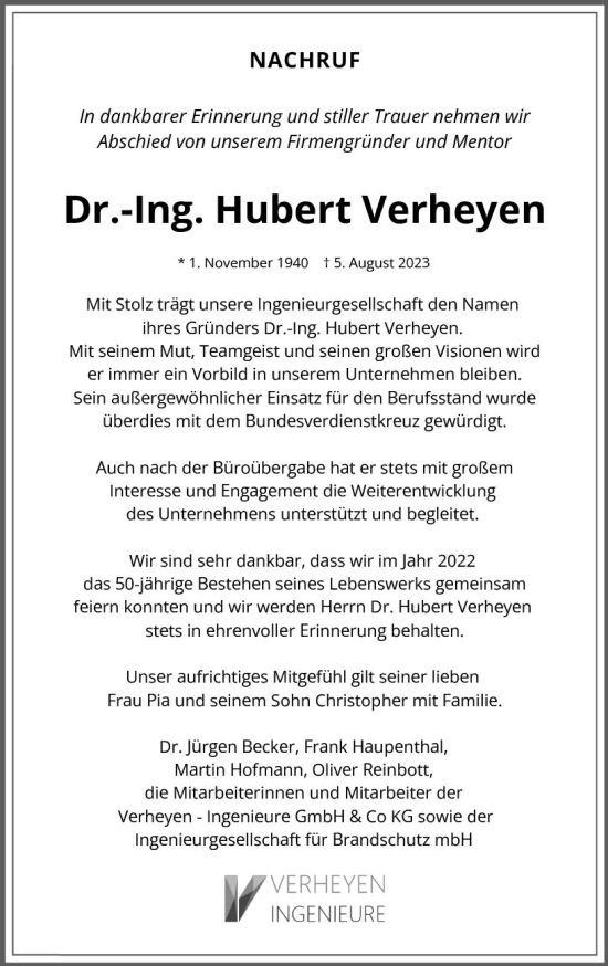 Traueranzeige von Hubert Verheyen von Allgemeine Zeitung Bad Kreuznach