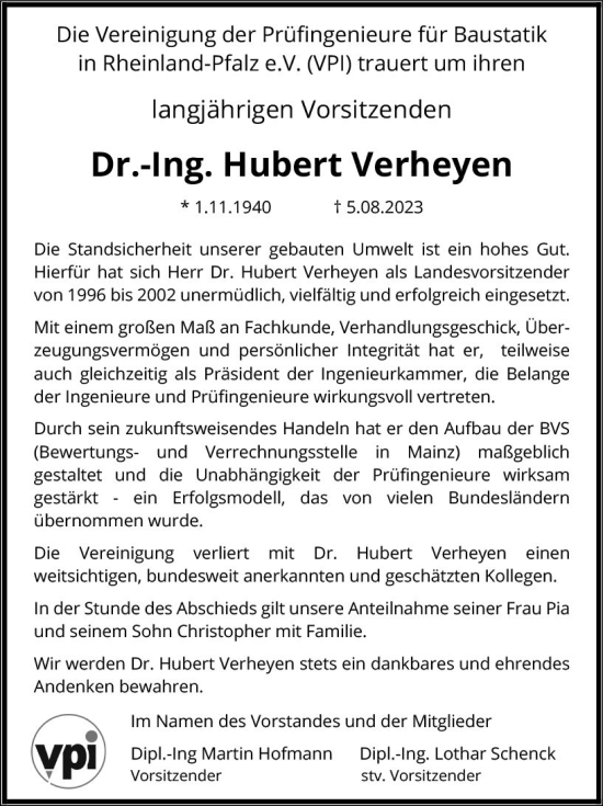 Traueranzeige von Hubert Verheyen von Allgemeine Zeitung Bad Kreuznach