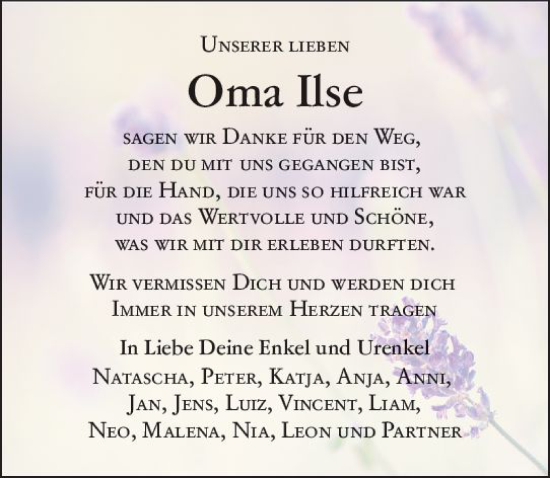 Traueranzeige von Ilse  von VRM Trauer