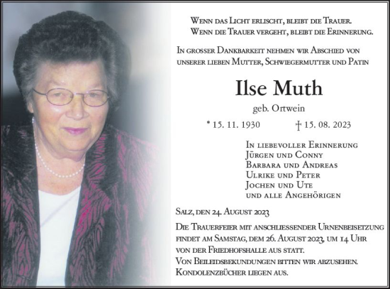 Traueranzeige von Ilse Muth von VRM Trauer
