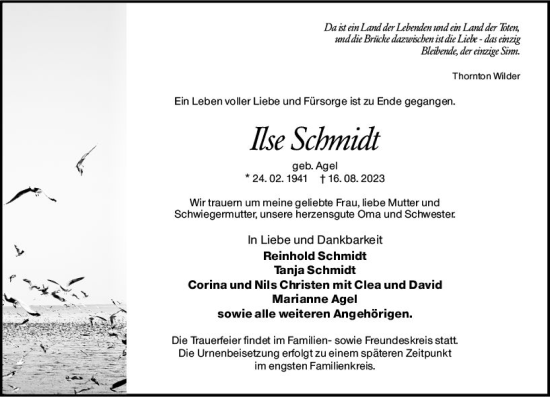 Traueranzeige von Ilse Schmidt von Wetzlarer Neue Zeitung