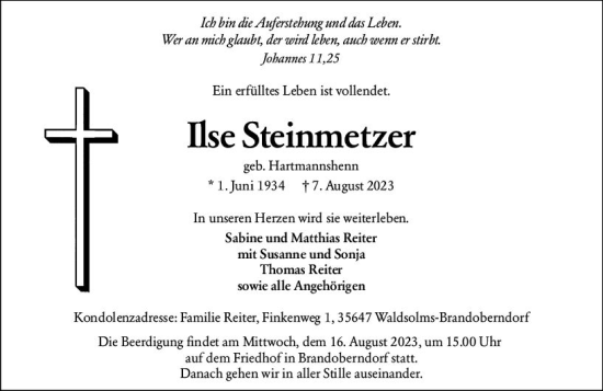 Traueranzeige von Ilse Steinmetzer von Wetzlarer Neue Zeitung