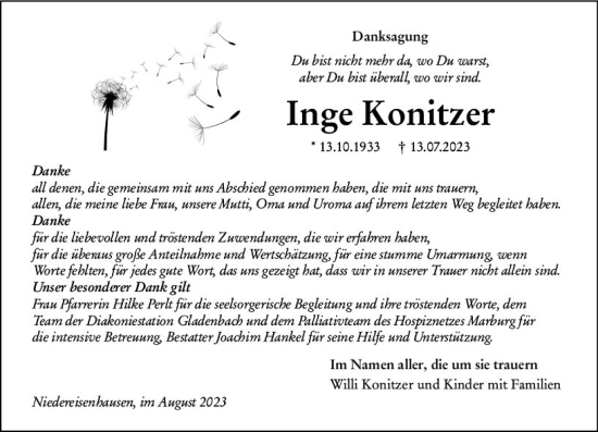 Traueranzeige von Inge Konitzer von Hinterländer Anzeiger