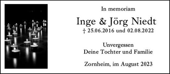 Traueranzeige von Inge  Niedt von Allgemeine Zeitung Bingen/Ingelheim