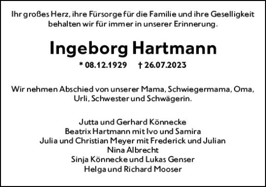 Traueranzeige von Ingeborg Hartmann von Wiesbadener Kurier