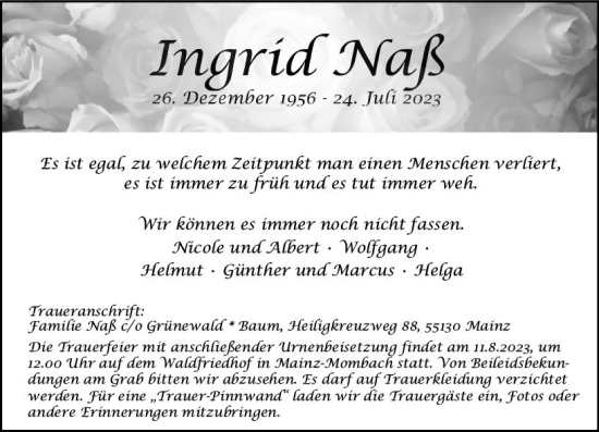 Traueranzeige von Ingrid Naß von Allgemeine Zeitung Mainz