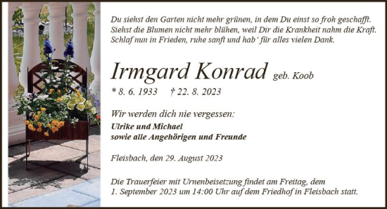 Traueranzeige von Irmgard Konrad von Dill Block