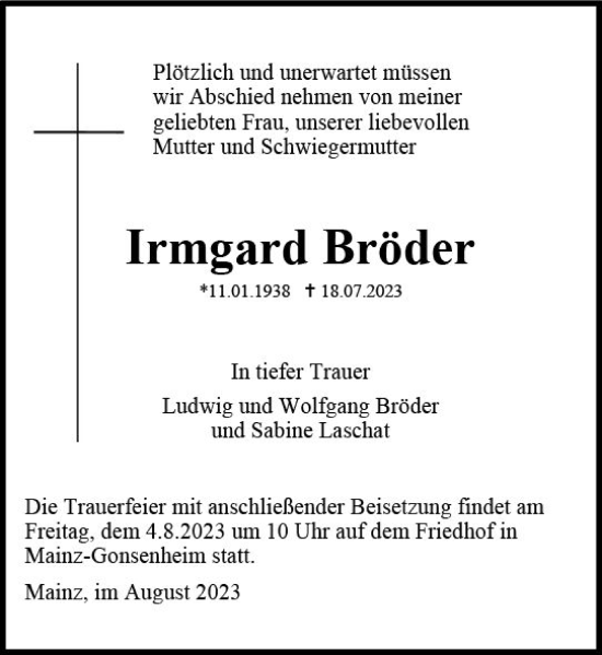 Traueranzeige von Irmgard Bröder von Allgemeine Zeitung Mainz Traueranzeige von Irmgard Bröder von Allgemeine Zeitung Mainz