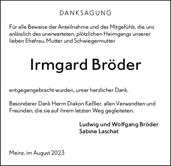 Traueranzeige von Irmgard Bröder von Allgemeine Zeitung Mainz Traueranzeige von Irmgard Bröder von Allgemeine Zeitung Mainz