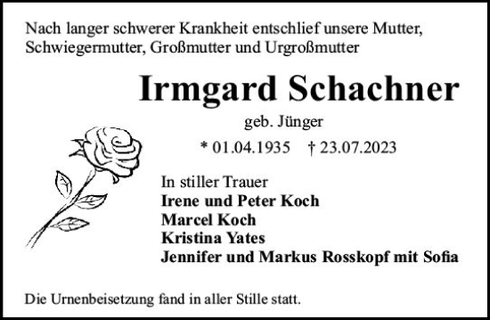 Traueranzeige von Irmgard Schachner von Darmstädter Echo
