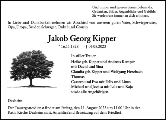 Traueranzeige von Jakob Georg Kipper von Allgemeine Zeitung Mainz