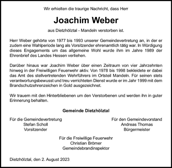 Traueranzeige von Joachim Weber von Dill Block