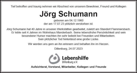 Traueranzeige von Jörg Schumann von Dill Block