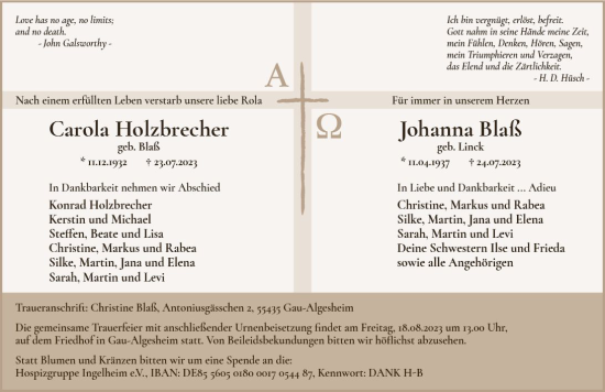 Traueranzeige von Johanna Blaß von Allgemeine Zeitung Bingen/Ingelheim