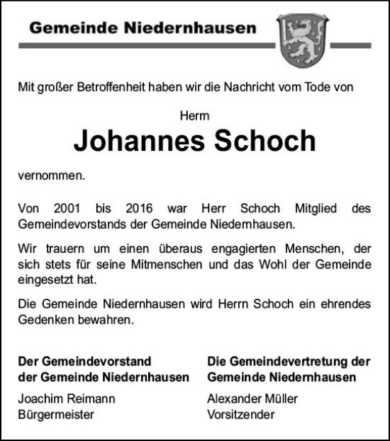 Traueranzeige von Johannes Schoch von Idsteiner Land/Untertaunus