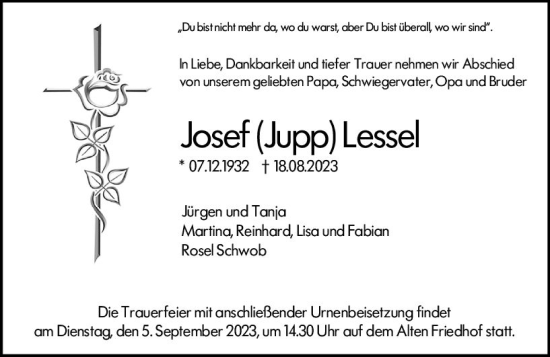 Traueranzeige von Josef Lessel von Hochheimer Zeitung