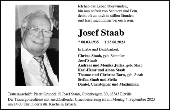 Traueranzeige von Josef Staab von Wiesbadener Kurier
