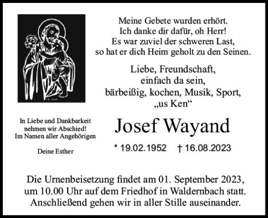 Traueranzeige von Josef Wayand von Weilburger Tageblatt