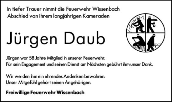 Traueranzeige von Jürgen Daub von Dill Block