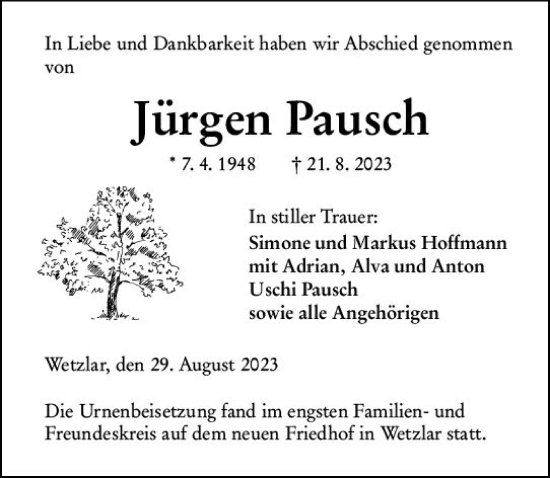 Traueranzeige von Jürgen Pausch von Wetzlarer Neue Zeitung