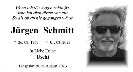 Traueranzeige von Jürgen Schmitt von Bingen/Ingelheim WOBL inkl. Neue Binger Ztg.