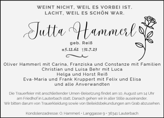Traueranzeige von Jutta Hammerl von VRM Trauer