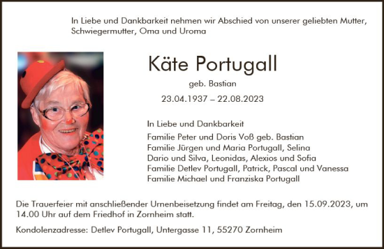 Traueranzeige von Käte Portugall von Allgemeine Zeitung Mainz