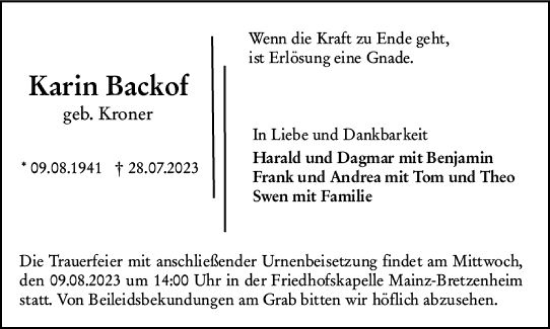 Traueranzeige von Karin Backof von Allgemeine Zeitung Mainz