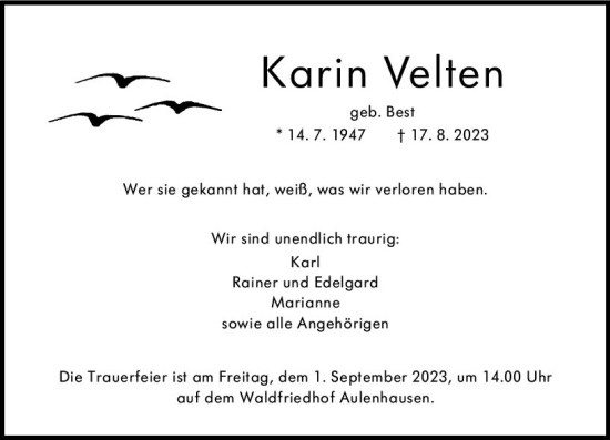 Traueranzeige von Karin Velten von Weilburger Tageblatt