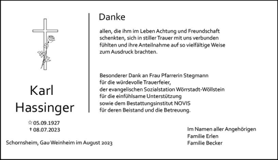 Traueranzeige von Karl Hassinger von Allgemeine Zeitung Alzey