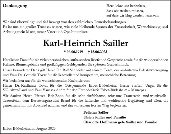 Traueranzeige von Karl-Heinrich Sailler von Allgemeine Zeitung Alzey