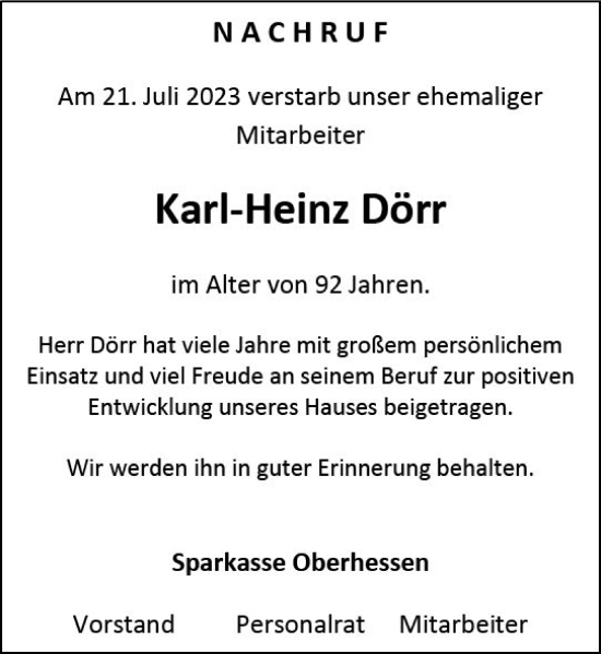 Traueranzeige von Karl-Heinz Dörr von VRM Trauer