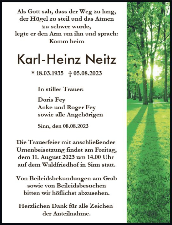 Traueranzeige von Karl-Heinz Neitz von Dill Block