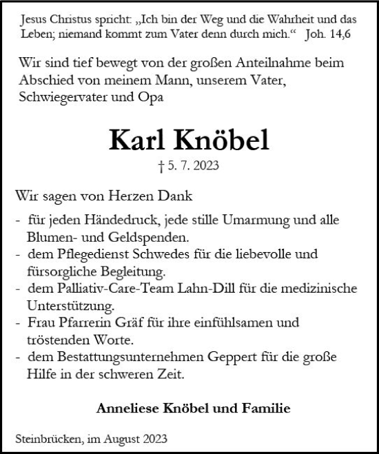 Traueranzeige von Karl Knöbel von Dill Block