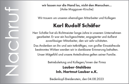 Traueranzeige von Karl-Rudolf Schäfer von Hinterländer Anzeiger