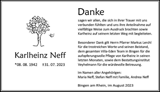 Traueranzeige von Karlheinz Neff von Allgemeine Zeitung Bingen/Ingelheim