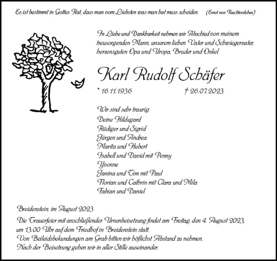 Traueranzeige von Karl Rudolf Schäfer von Hinterländer Anzeiger