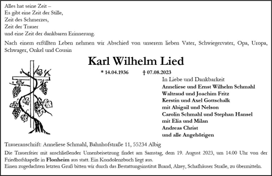 Traueranzeige von Karl Wilhelm Lied von Allgemeine Zeitung Alzey