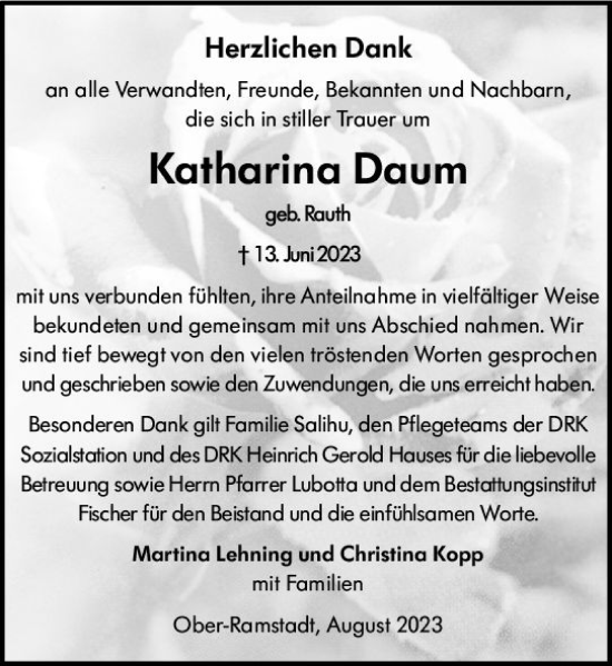 Traueranzeige von Katharina Daum von Darmstädter Echo