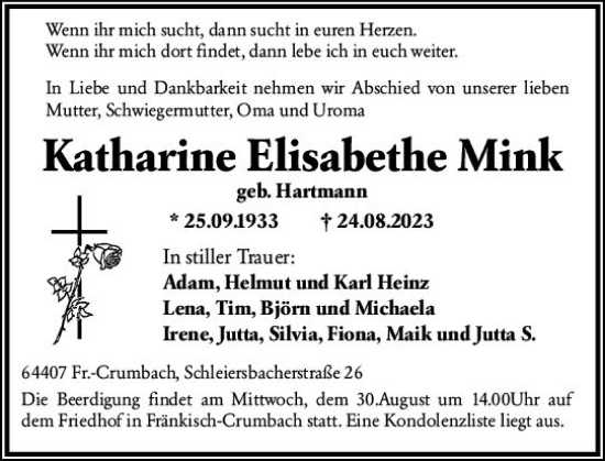 Traueranzeige von Katharine Elisabethe Mink von Odenwälder Echo