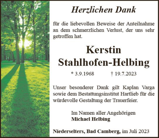 Traueranzeige von Kerstin Stahlhofen von Camberger Anzeiger