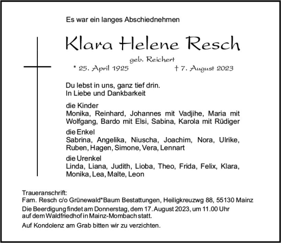 Traueranzeige von Klara Helene Resch von Allgemeine Zeitung Mainz