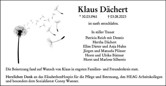 Traueranzeige von Klaus Dächert von Darmstädter Echo