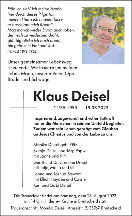 Traueranzeige von Klaus Deisel von Dill Block