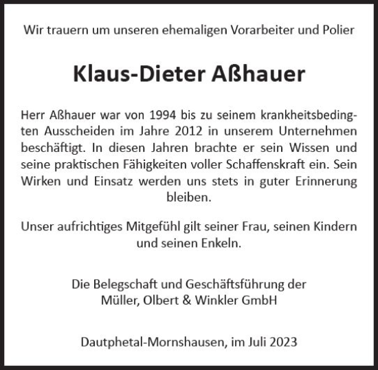Traueranzeige von Klaus-Dieter Aßhauer von Hinterländer Anzeiger