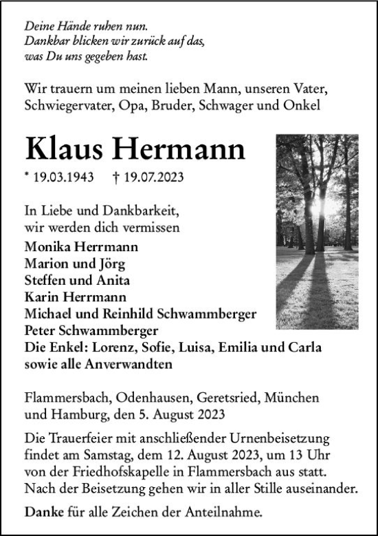 Traueranzeige von Klaus Hermann von Dill Block Traueranzeige von Klaus Hermann von Dill Block